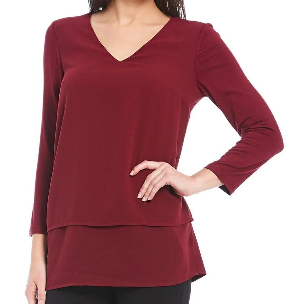 Michael Kors Blouse Mixed Woven and Knit Layered Hem V-Neck 3/4 Sleeve Size XS